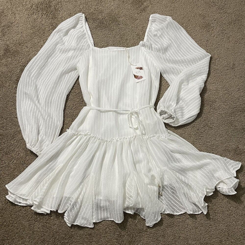 Chelsea & Violet Boho Cottagecore Chic Dress Size S White Textured Belted Ruffle